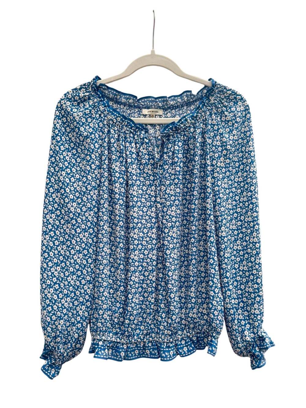 Max Studio Blue and White Floral Print Long Sleeve Ruffle Trim Blouse